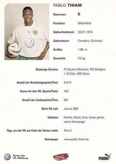 Autogramm Fussball | VfL Wolfsburg | 2003 | Pablo THIAM