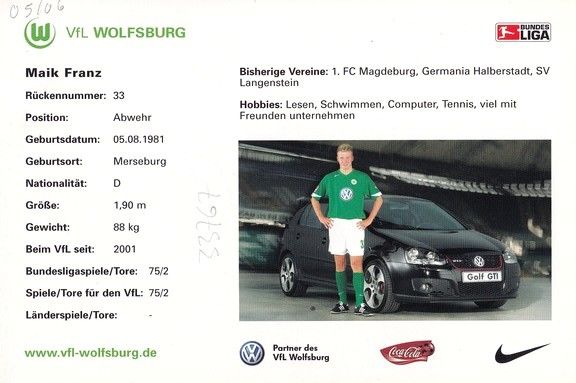 Autogramm Fussball | VfL Wolfsburg | 2005 | Maik FRANZ 