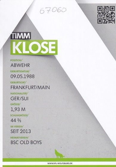 Autogramm Fussball | VfL Wolfsburg | 2014 | Timm KLOSE