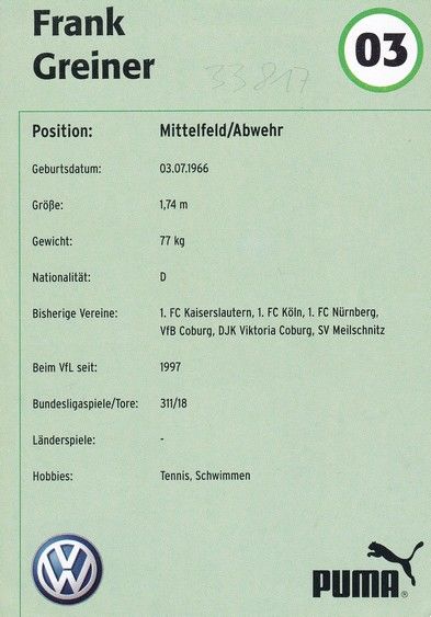 Autogramm Fussball | VfL Wolfsburg | 2001 | Frank GREINER