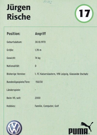 Autogramm Fussball | VfL Wolfsburg | 2001 | Jürgen RISCHE
