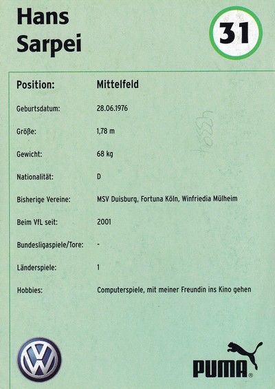 Autogramm Fussball | VfL Wolfsburg | 2001 | Hans SARPEI