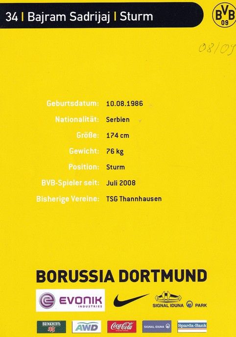 Autogramm Fussball | Borussia Dortmund | 2008 | Bajram SADRIJAJ