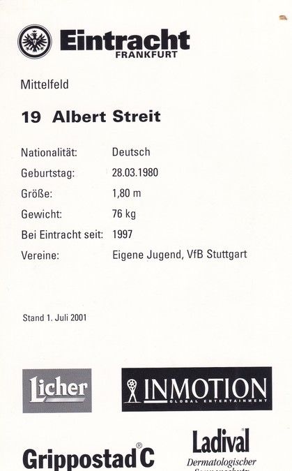 Autogramm Fussball | Eintracht Frankfurt | 2001 | Albert STREIT