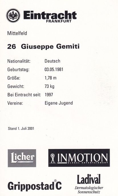 Autogramm Fussball | Eintracht Frankfurt | 2001 | Giuseppe GEMITI