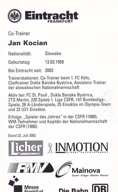Autogramm Fussball | Eintracht Frankfurt | 2002 | Jan KOCIAN