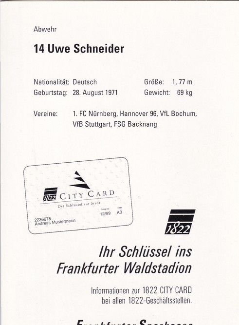 Autogramm Fussball | Eintracht Frankfurt | 1998 | Uwe SCHNEIDER