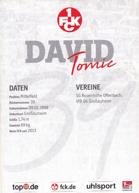 Autogramm Fussball | 1. FC Kaiserslautern | 2017 | David TOMIC