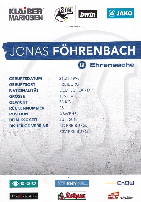 Autogramm Fussball | Karlsruher SC | 2017 | Jonas FÖHRENBACH