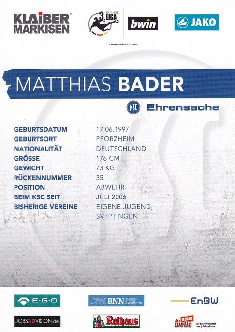 Autogramm Fussball | Karlsruher SC | 2017 | Matthias BADER