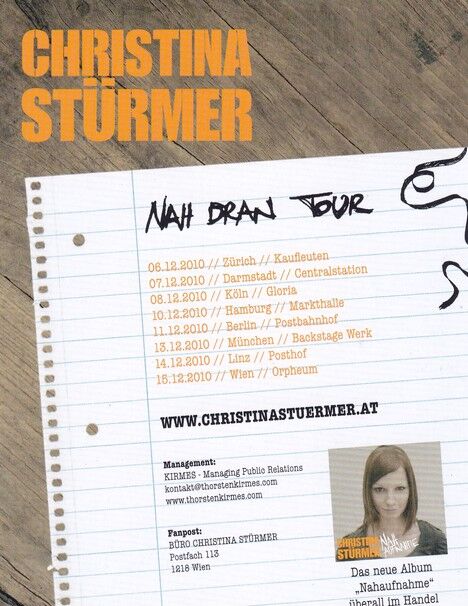 Autogramm Pop | Christina STÜRMER | 2010 "Nah Dran Tour" (Portrait Color)