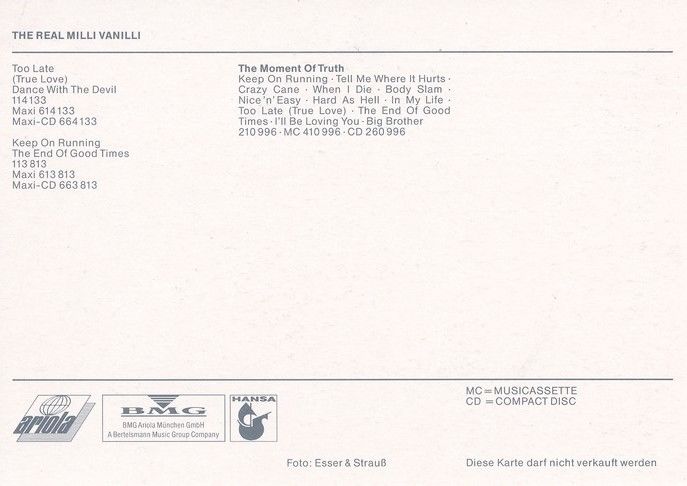 Autogramme Pop (USA) | REAL MILLI VANILLI | 1991 "Moment Of Truth" (Ariola)