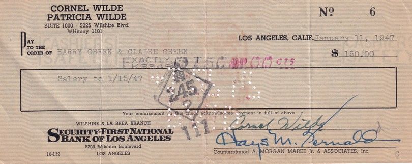 Autograph Film (USA) | Cornel WILDE | 1947 (Bank Check)