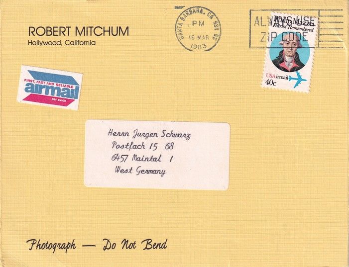 Autogramm Film (USA) | Robert MITCHUM | 1980er (Portrait SW) + Briefumschlag