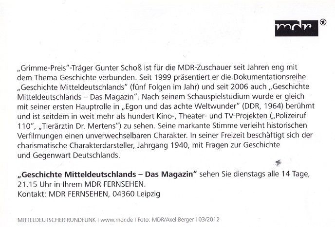 Autogramm TV | MDR | Gunter SCHOSS | 2012 "Geschichte Mitteldeutschlands" (Berger)