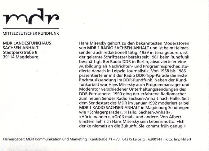 Autogramm Radio | MDR1 Sachsen-Anhalt | Hans MISERSKY | 2001 (Portrait Color) Hillert