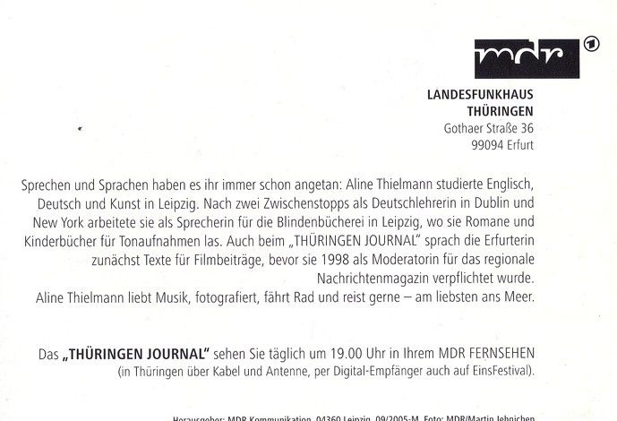 Autogramm TV | MDR | Aline THIELMANN | 2005 "Thüringen Journal" (Jehnichen)