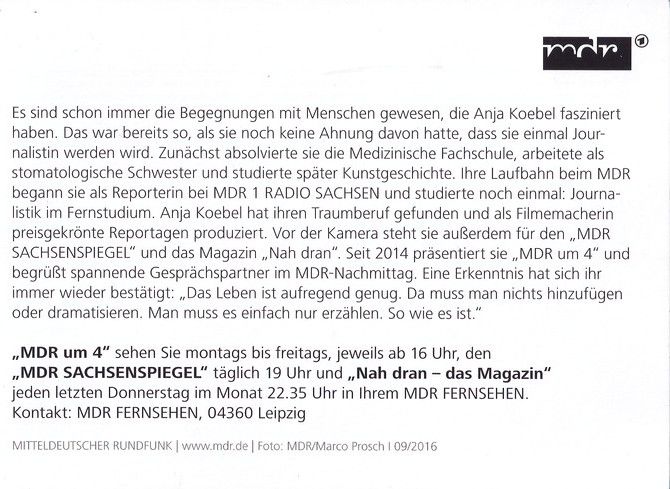 Autogramm TV | MDR | Anja KOEBEL | 2016 "MDR Um 4 / Sachsenspiegel / Nah Dran" (Prosch)