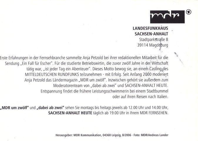 Autogramm TV | MDR | Anja PETZOLD | 2006 "MDR Um Zwölf / Dabei Ab Zwei / SA Heute" (Jander)