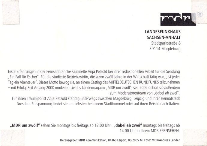Autogramm TV | MDR | Anja PETZOLD | 2005 "MDR Um Zwölf / Dabei Ab Zwei" (Jander)