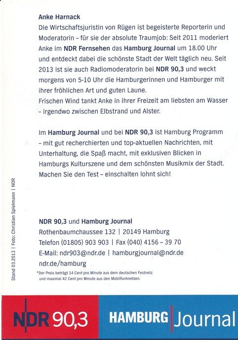 Autogramm Radio | NDR 90.3 | Anke HARNACK | 2013 "Hamburg Journal" (Spielmann)