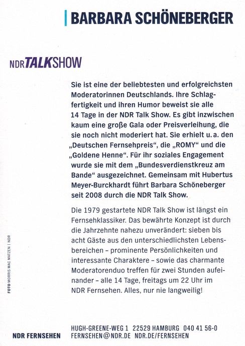 Autogramm TV | NDR | Barbara SCHÖNEBERGER | 2000er "NDR Talk Show" (Matzen)