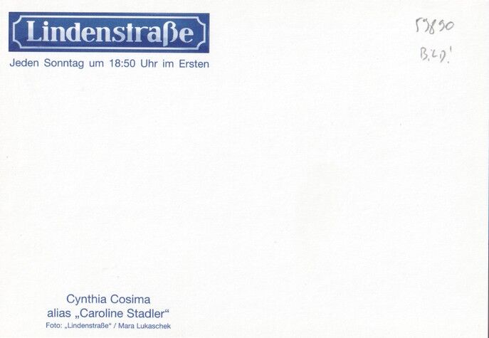 Autogramm TV | ARD | Cynthia COSIMA | 1990er "Lindenstrasse" (Portrait SW Lukaschek)