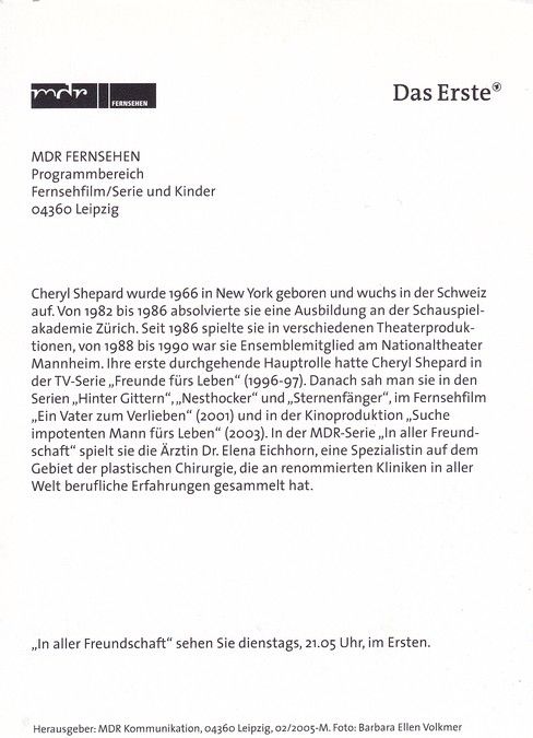 Autogramm TV | ARD | Cheryl SHEPARD | 2005 "In Aller Freundschaft" (Volkmer)