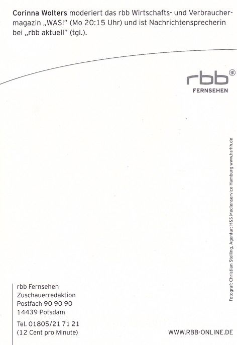 Autogramm TV | RBB | Corinna WOLTERS | 2010er "WAS! / RBB Aktuell" (Stelling)