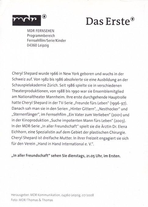 Autogramm TV | ARD | Cheryl SHEPARD | 2008 "In Aller Freundschaft" (Thomas)