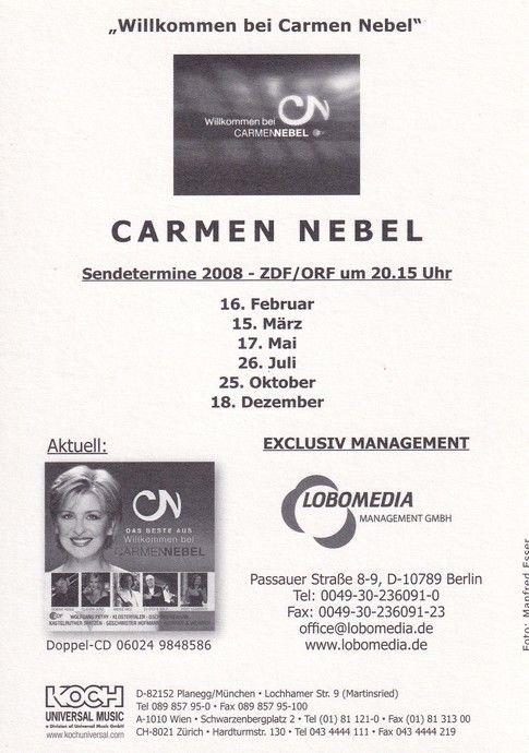 Autogramm TV / Volksmusik | Carmen NEBEL | 2008 "Willkommen" (Koch)
