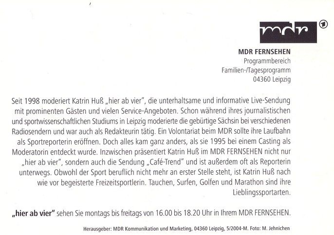 Autogramm TV | MDR | Katrin HUSS | 2004 "Hier Ab Vier" (Jehnichen)