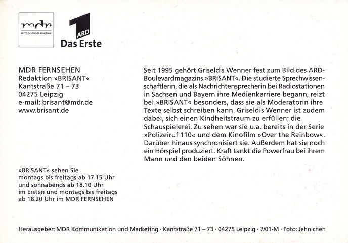 Autogramm TV | ARD | Griseldis WENNER | 2001 "Brisant" (Jehnichen)
