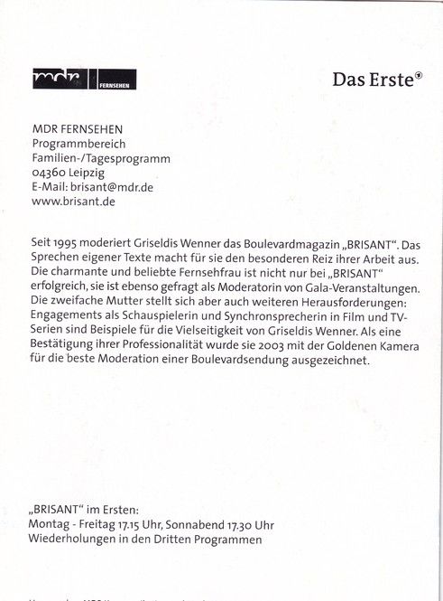 Autogramm TV | ARD | Griseldis WENNER | 2004 "Brisant" (Jehnichen)
