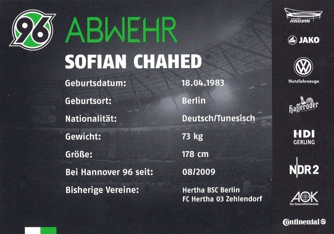 Autogramm Fussball | Hannover 96 | 2012 | Sofian CHAHED