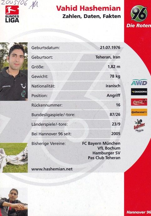 Autogramm Fussball | Hannover 96 | 2005 | Vahid HASHEMIAN