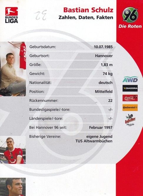 Autogramm Fussball | Hannover 96 | 2005 | Bastian SCHULZ