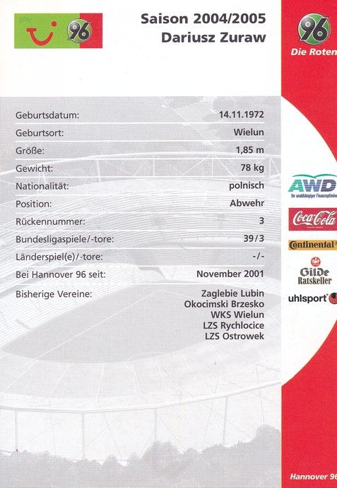 Autogramm Fussball | Hannover 96 | 2004 | Dariusz ZURAW