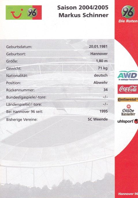 Autogramm Fussball | Hannover 96 | 2004 | Markus SCHINNER