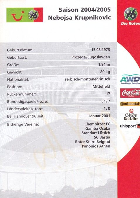 Autogramm Fussball | Hannover 96 | 2004 | Nebojsa KRUPNIKOVIC