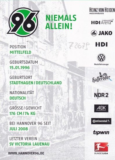 Autogramm Fussball | Hannover 96 | 2016 | Tim DIERSSEN