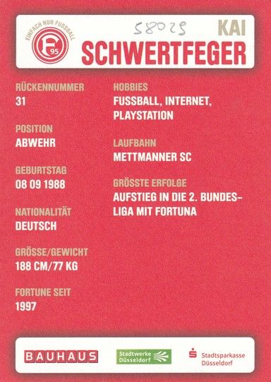 Autogramm Fussball | Fortuna Düsseldorf | 2011 | Kai SCHWERTFEGER