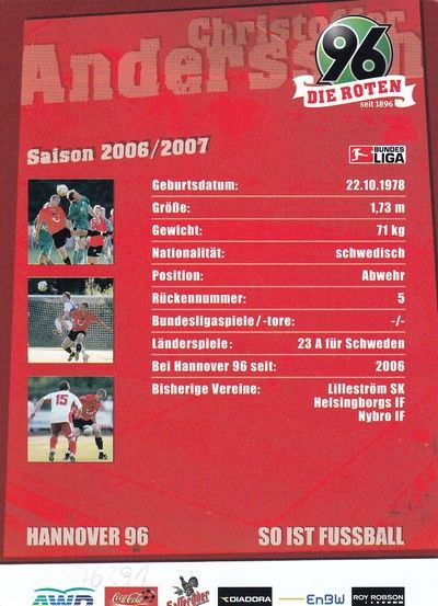 Autogramm Fussball | Hannover 96 | 2006 | Christoffer ANDERSSON