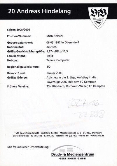Autogramm Fussball | VfB Stuttgart II | 2008 | Andreas HINDELANG