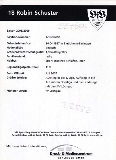 Autogramm Fussball | VfB Stuttgart II | 2008 | Robin SCHUSTER