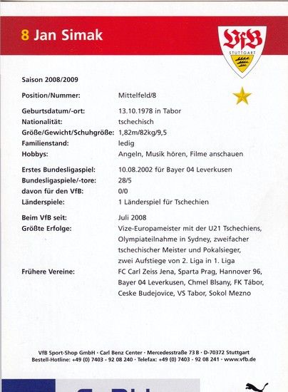 Autogramm Fussball | VfB Stuttgart | 2008 | Jan SIMAK