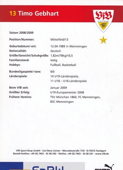 Autogramm Fussball | VfB Stuttgart | 2008 | Timo GEBHART