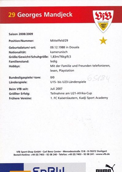 Autogramm Fussball | VfB Stuttgart | 2008 | Georges MANDJECK