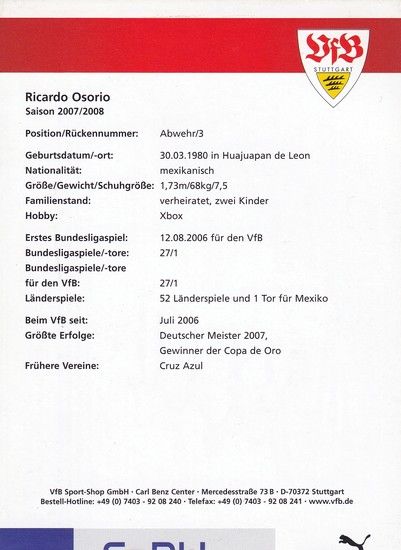 Autogramm Fussball | VfB Stuttgart | 2007 | Ricardo OSORIO 