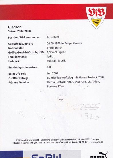 Autogramm Fussball | VfB Stuttgart | 2007 | GLEDSON